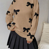 FRANCES™ - Fashionable Bow Print O-Neck Knit Winter Sweater Pullover