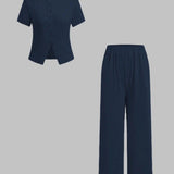 MIRANDA™ - Casual Button Front Top and Wide Leg Pants Set