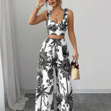 THAWDI™ - Elegant Boho Printed Crop and Wide Leg Pants Set