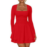 WINONA™ - Women's Square Neck Ruffle Hem Mini Dress Ruched Waist & Long Sleeve