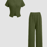 MIRANDA™ - Casual Button Front Top and Wide Leg Pants Set