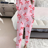 HALLIE™ - Bow Print V-Neck Long Sleeve Top & Tie Waist Pants Set