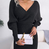 BLAKE™ - Wrapped V-Neck Sweater Dress with Slim-Fit Long Sleeves