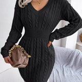 HOLLY™ - Cozy Long Sleeve V-Neck Cable Knit Sweater Dress