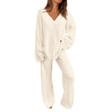 REBECCA™ - Women’s 2-Piece Lounge Set Soft Chunky V-Neck Top & Wide Leg Pants for Homewear