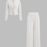 FLORLIE™ - Women’s Ribbed Crop Top & Elastic Waist Pants Casual Set