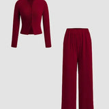 FLORLIE™ - Women’s Ribbed Crop Top & Elastic Waist Pants Casual Set