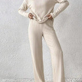 SUMMER™ - Casual V-Neck Long Sleeve Top & Straight Leg Lounge Pants Set