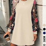 LENI™ - Elegant Floral Embroidery Bishop Sleeve Dress Long Sleeve Round Neck