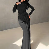JOSALIE™ - Elegant Ruched Bodycon Dress with Padded Shoulders & Long Sleeve