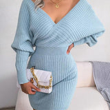 BLAKE™ - Wrapped V-Neck Sweater Dress with Slim-Fit Long Sleeves