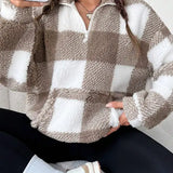 MALDA™ - Chic Plaid Print Half Zip Long Sleeve Sweater