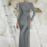 JOSALIE™ - Elegant Ruched Bodycon Dress with Padded Shoulders & Long Sleeve
