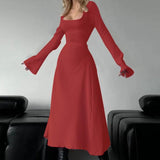 ERIN™ - Sophisticated Lace-Up Tie Back Flounce Sleeve A-Line Long Dress