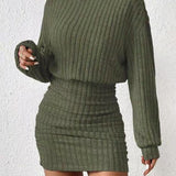 MEGAN™ - Stylish Drop Shoulder Ribbed Dress with Turtleneck