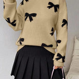 FRANCES™ - Fashionable Bow Print O-Neck Knit Winter Sweater Pullover